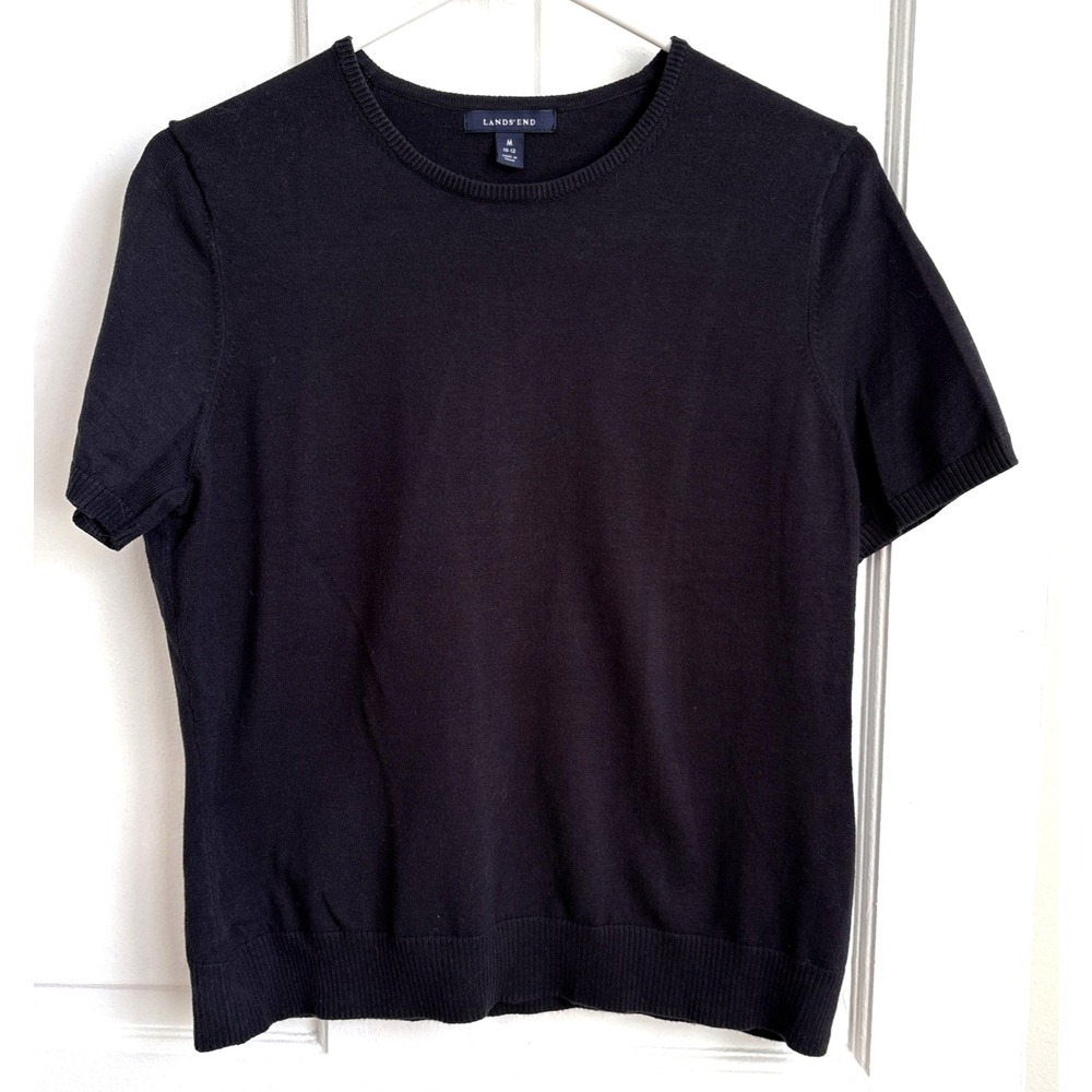 Lands End Womes Black Supima Cotton Short Sleeve Crewneck Sweater M 10-12 243914